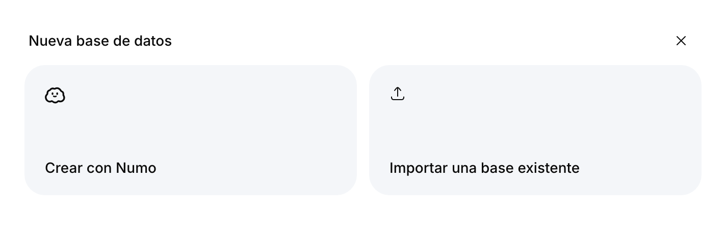 Vista previa del componente con tarjetas para configurar una nueva base de datos con Numo o importar una existente.