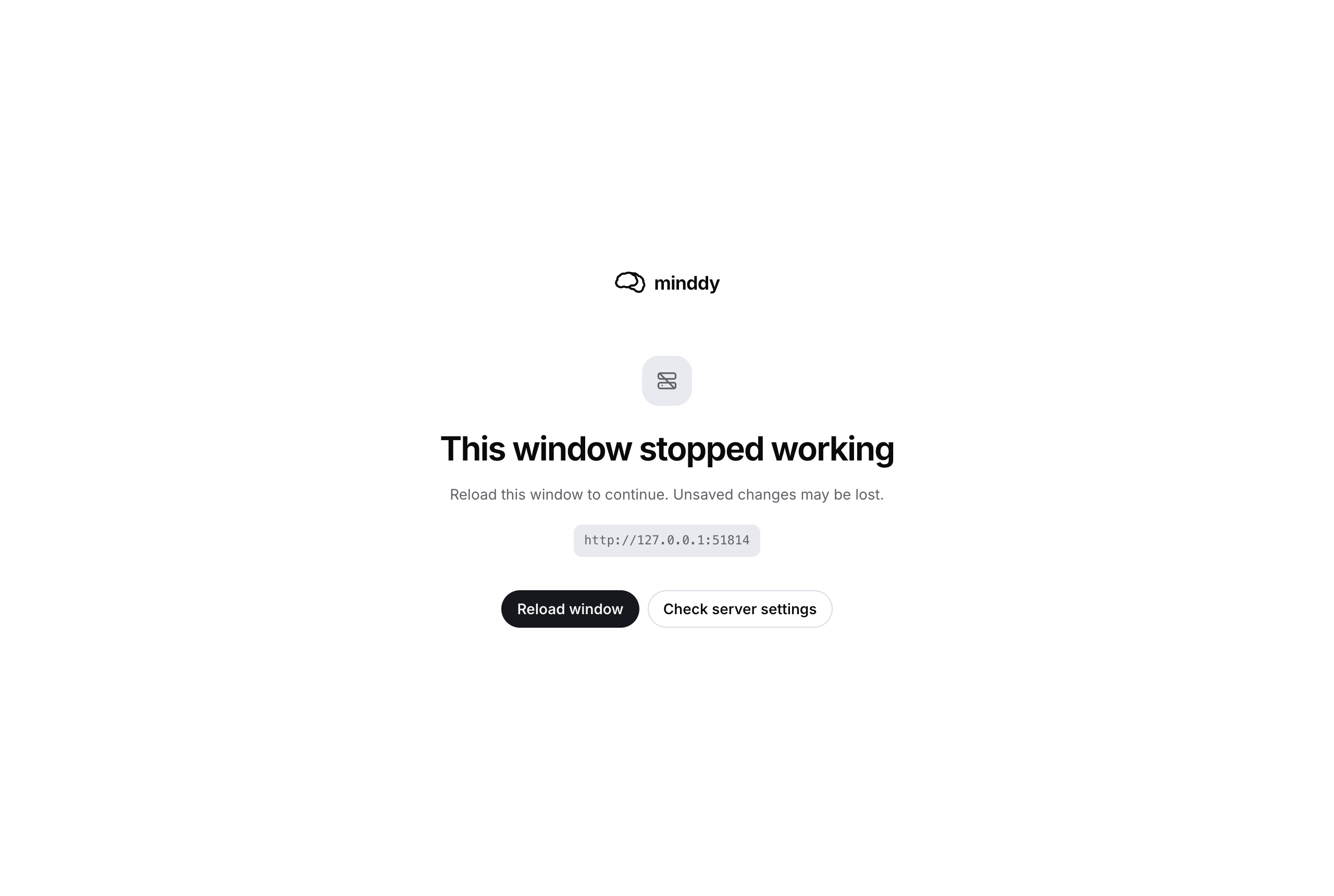 Página local de recuperación tras un fallo forzado del proceso de renderizado, con los controles Reload window y Check server settings.