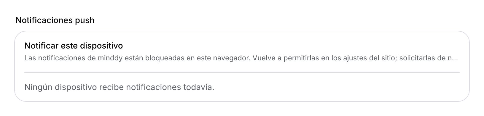 Ajustes push con permiso bloqueado en el navegador y ningún dispositivo registrado.