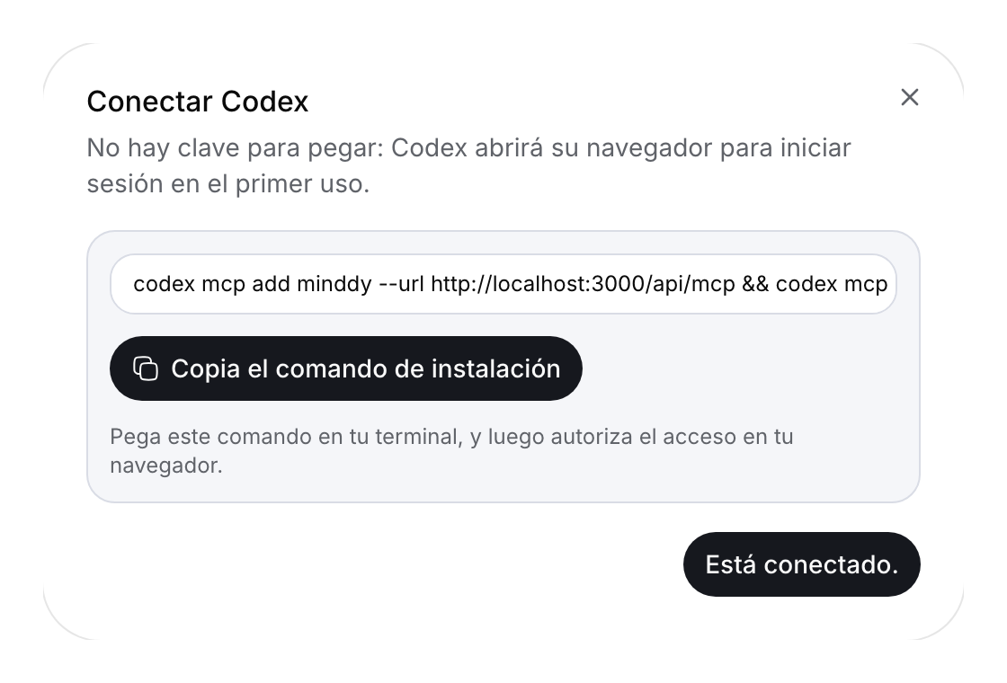 Diálogo de instalación de Codex con el endpoint de minddy Cloud.
