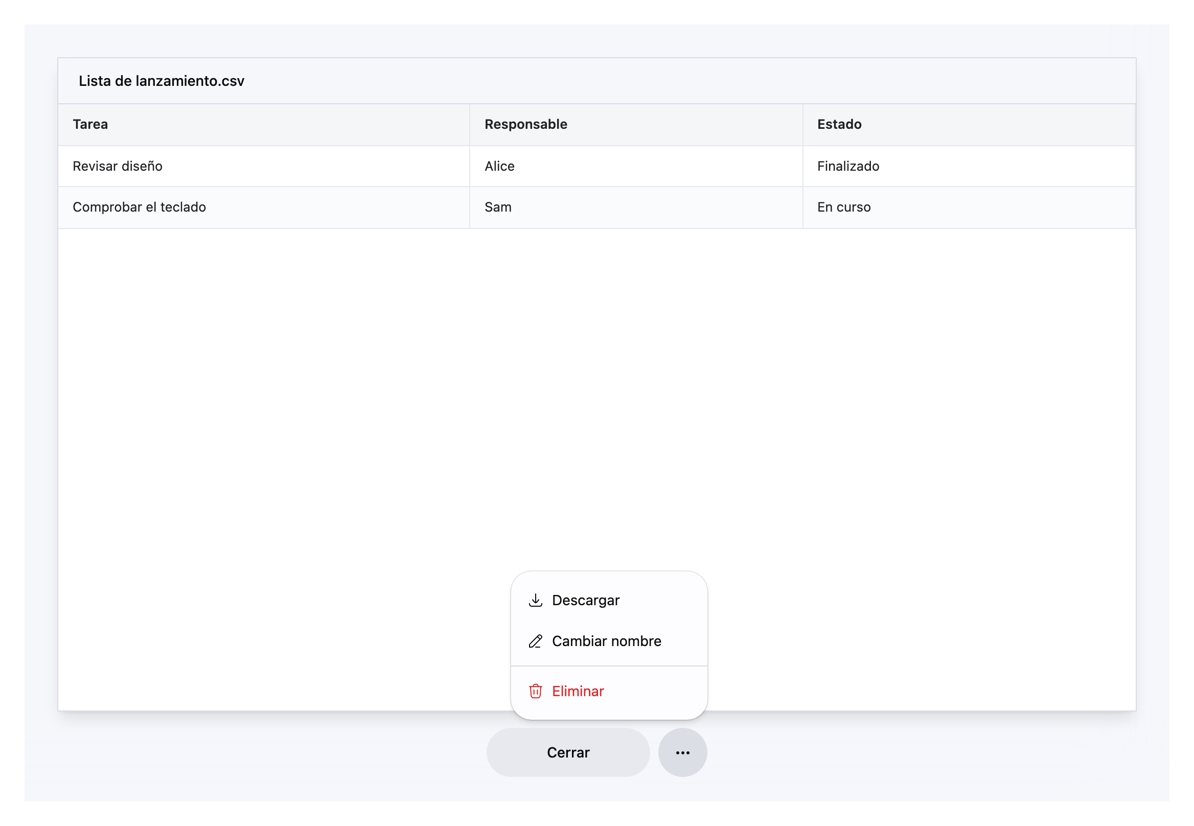 Visor CSV a toda ventana con tareas de ejemplo, un botón Cerrar grande y el menú Acciones del archivo con Descargar, Cambiar nombre y Eliminar.
