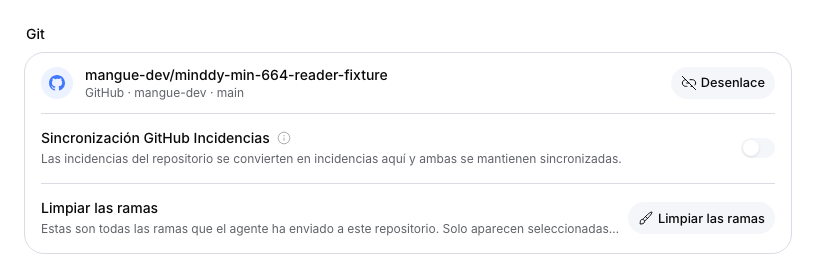 Repositorio de demostración de GitHub vinculado, con la sincronización de incidencias desactivada.