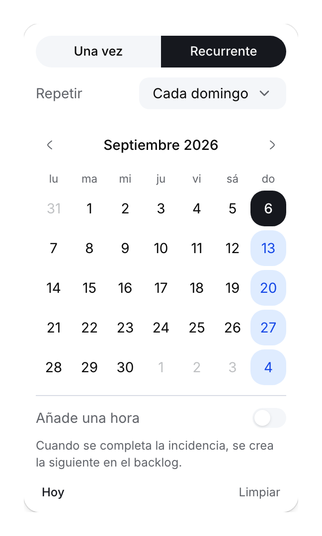 Selector de fecha en modo recurrente con vista previa semanal los domingos y hora opcional.