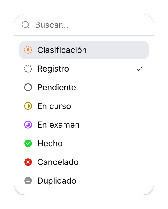 Los ocho estados del ticket en el selector, con el estado de backlog seleccionado.