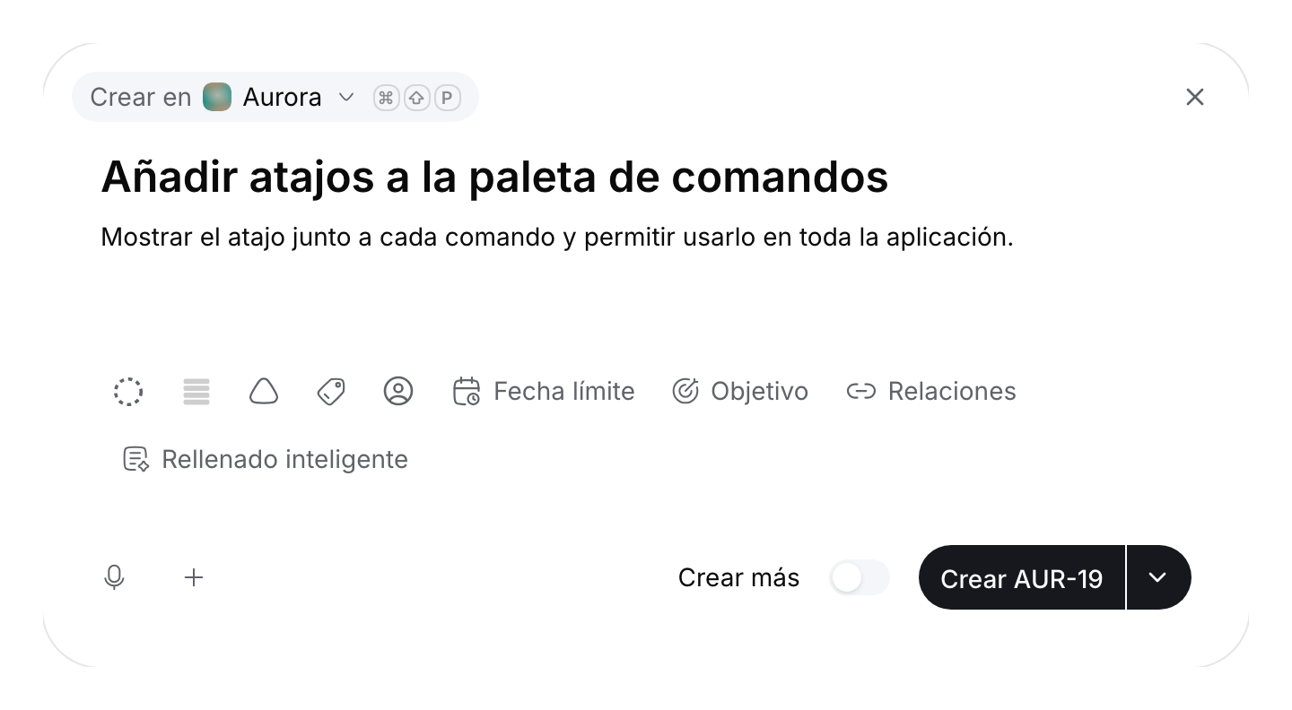 Borrador sin enviar en el proyecto Aurora con título, descripción, propiedades que se pueden elegir manualmente y el botón Crear AUR-19.