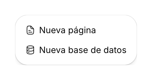 Menú de creación con Nueva página y Nueva base de datos.