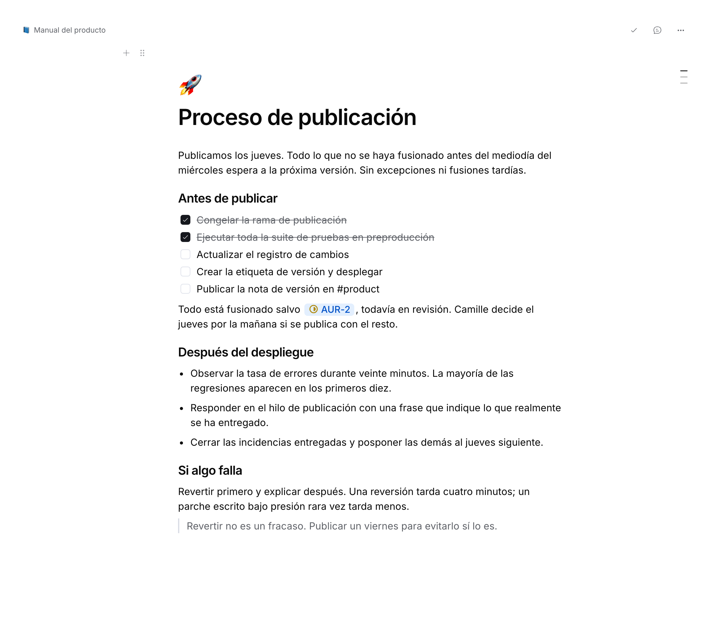 Página de demostración con títulos, párrafos, casillas de tareas y una mención a un ticket.