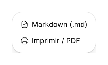 Menú de exportación del documento con Markdown (.md) e Imprimir / PDF.