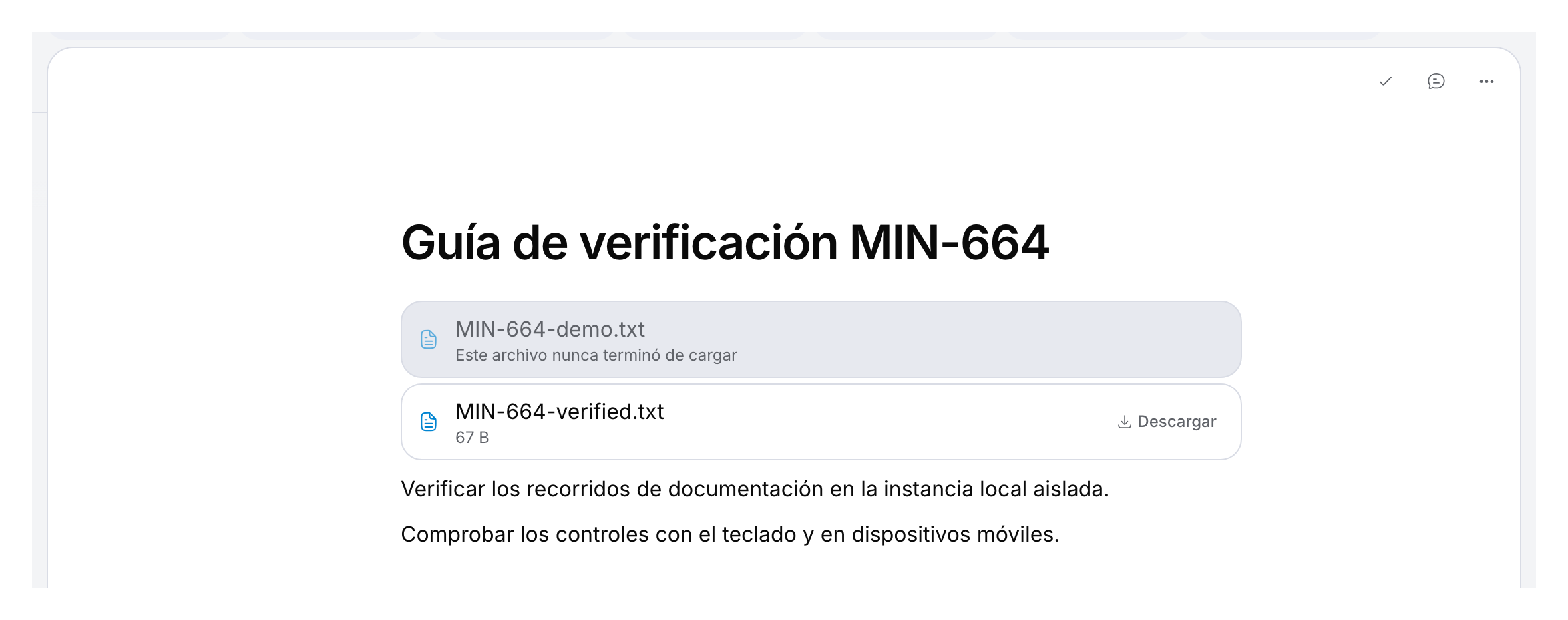 Página de demostración con una carga incompleta y un archivo guardado de 67 bytes que ofrece Descargar.