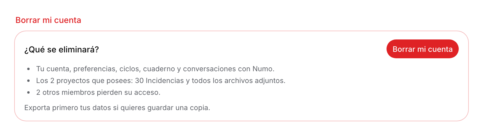 Vista previa de eliminación con proyectos propios, tickets y miembros que perderán acceso.