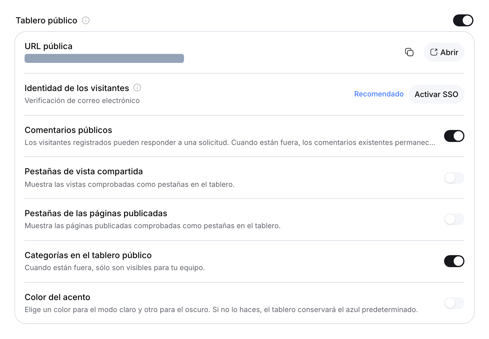 Tablero público de feedback activado, con identidad por código de correo, la acción Activar SSO y URL oculta.