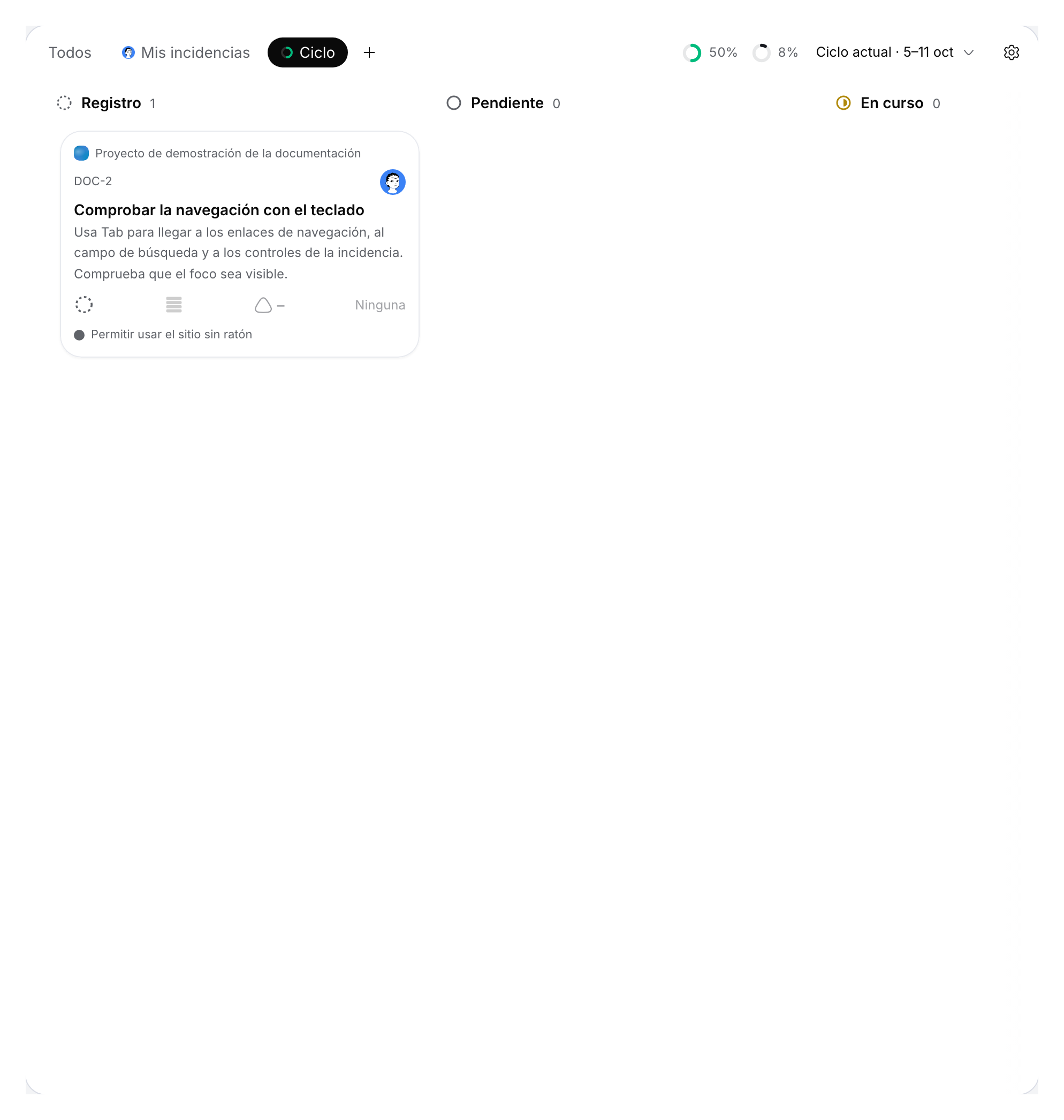 Incidencia de demostración en el backlog del ciclo personal.