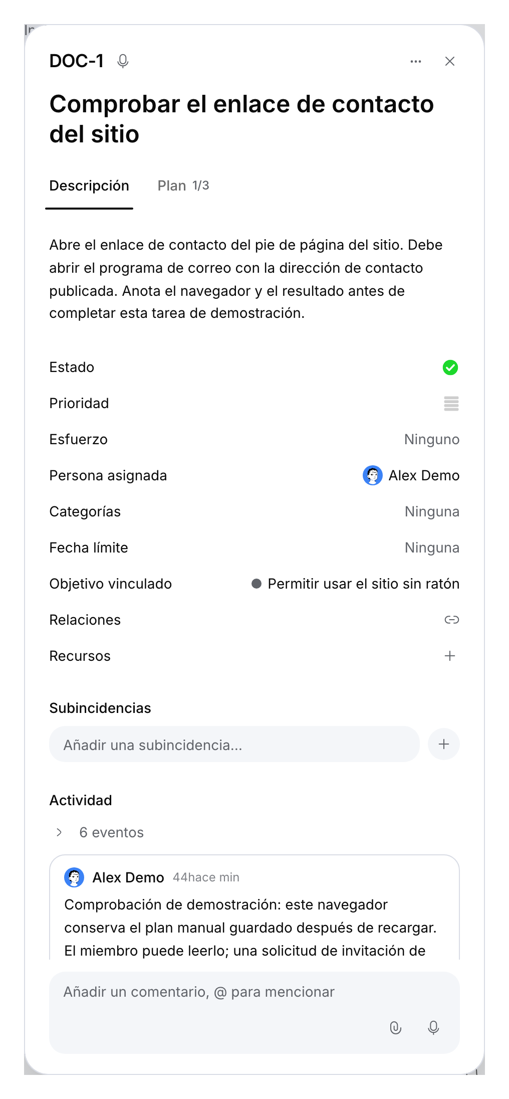 Incidencia de demostración completada con su descripción y comentario guardado.