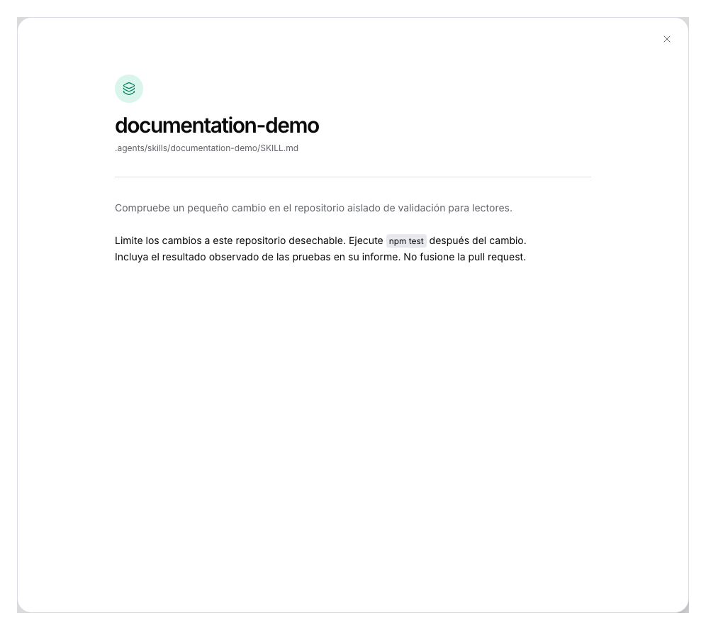 Vista previa de una skill del repositorio con su nombre estable, ruta e instrucciones completas.