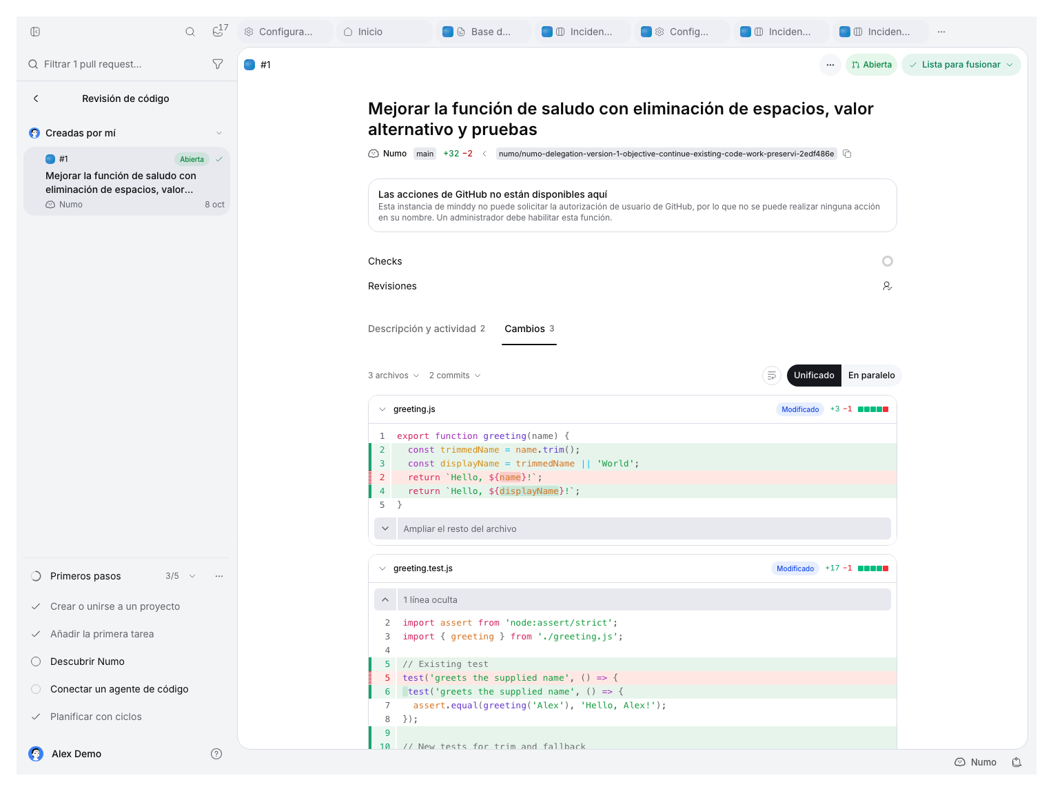 Pestaña Cambios de la PR de demostración abierta, con las diferencias de greeting y un aviso de autorización de GitHub no disponible.