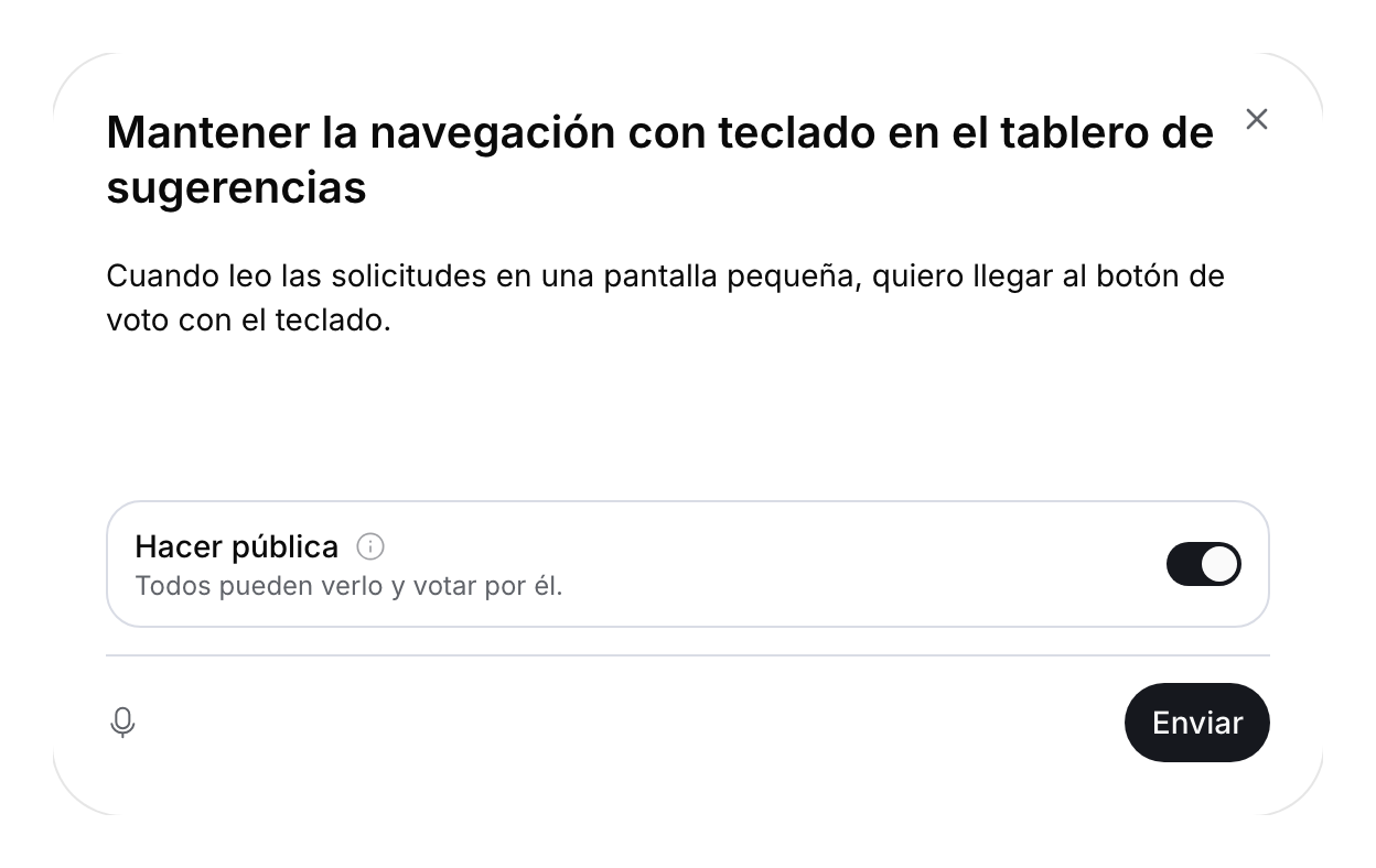 Formulario de una solicitud de feedback con título, descripción y visibilidad pública activada.