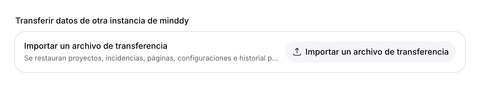 Ajustes de transferencia con botón para importar un archivo.