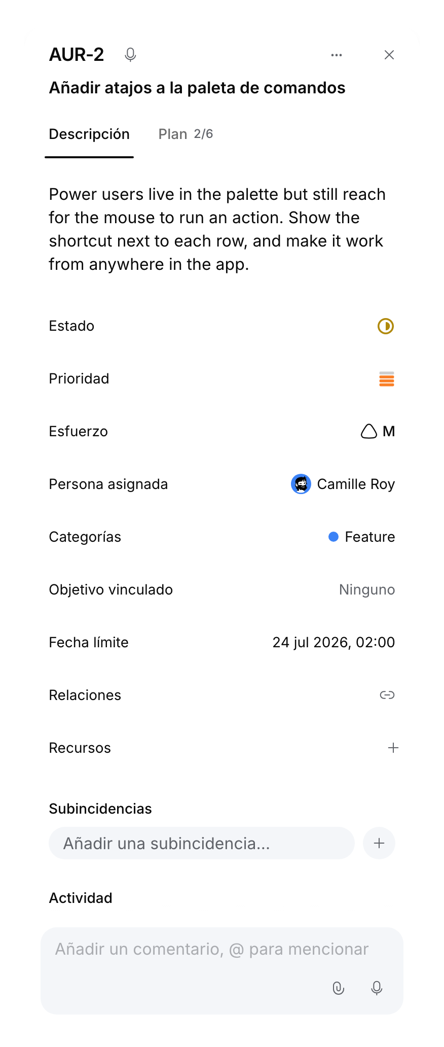 Panel móvil de una incidencia con título, descripción, propiedades y campo de comentario.