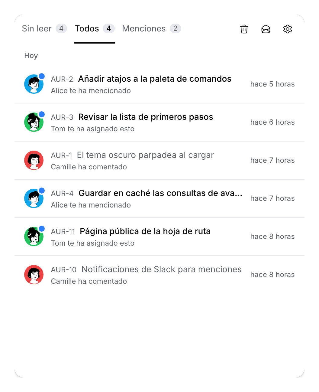 Bandeja de entrada con menciones, asignaciones y comentarios de demostración, leídos y no leídos.