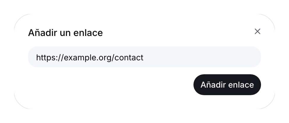 Diálogo para añadir un enlace con una dirección de contacto de ejemplo.