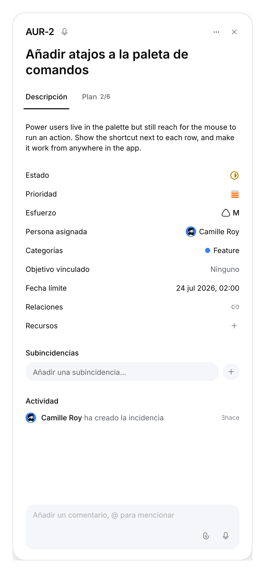 Campo para crear una subincidencia en una incidencia principal de demostración.