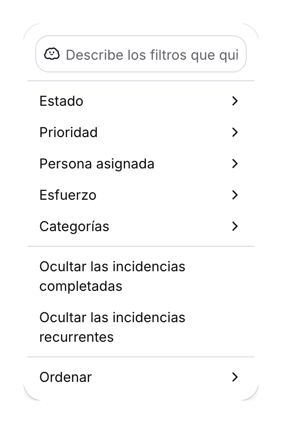 Filtros manuales de una vista y menú de ordenación.