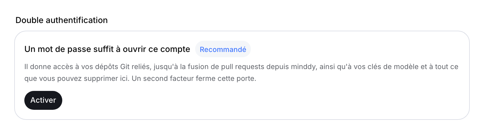 Carte de double authentification avec le bouton Activer.