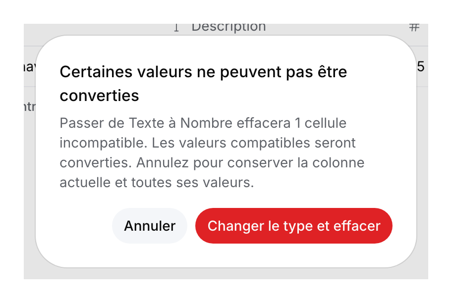 Avertissement de conversion : passer de Texte à Nombre efface une cellule incompatible, avec boutons Annuler et confirmation.