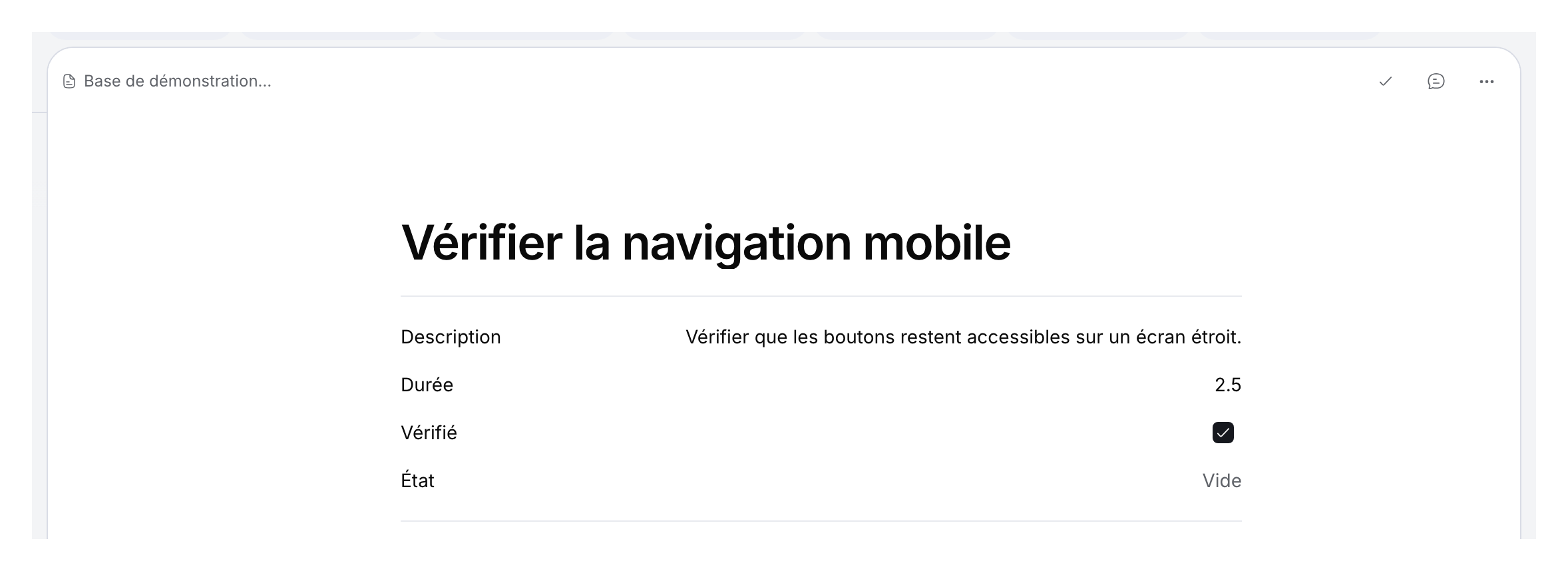 Entrée de démonstration avec description, durée 2.5, case cochée et sélection vide.