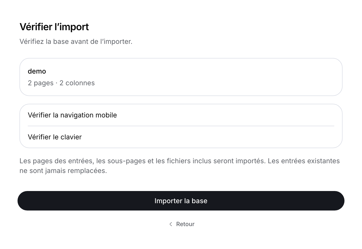 Vérification d’un CSV local : deux pages d’entrées et deux colonnes, avec le bouton Importer la base.