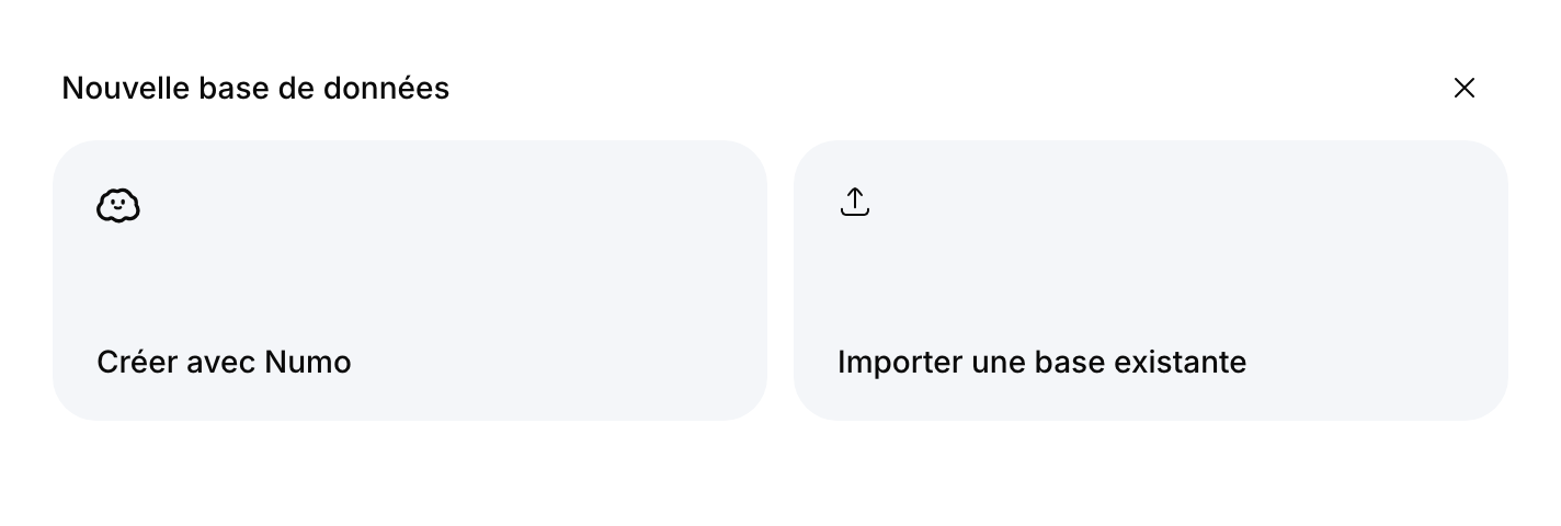 Aperçu du composant proposant la création d’une base avec Numo ou l’import d’une base existante.
