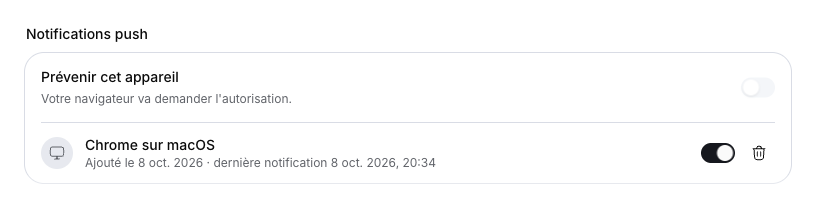 Appareil navigateur enregistré et actif sur le compte, avec la date réelle du dernier envoi.