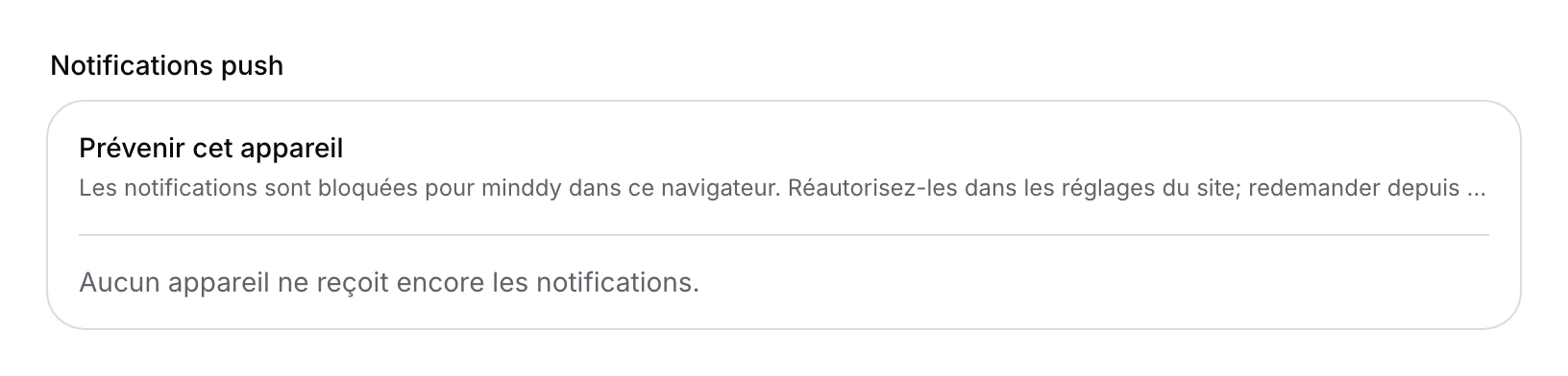 Réglages push indiquant un blocage du navigateur et aucun appareil inscrit.