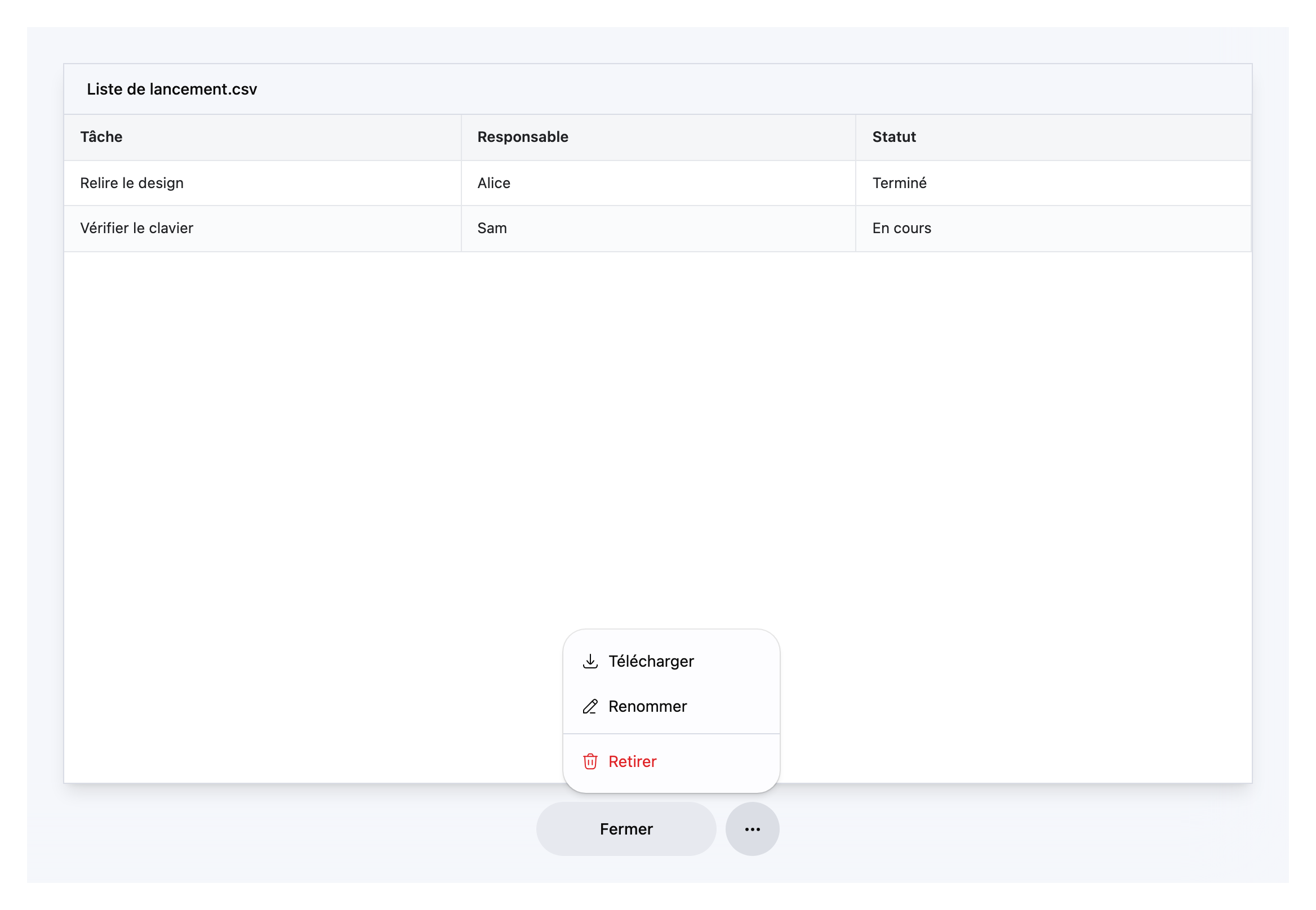 Lecteur CSV sur toute la fenêtre avec des tâches de projet d’exemple, un grand bouton Fermer et le menu Actions du fichier proposant Télécharger, Renommer et Retirer.