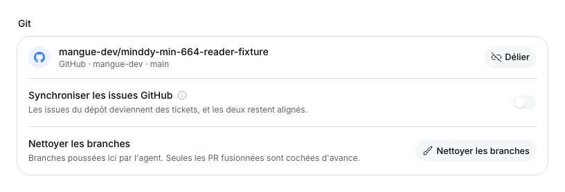 Dépôt GitHub de démonstration lié, avec la synchronisation des issues désactivée.