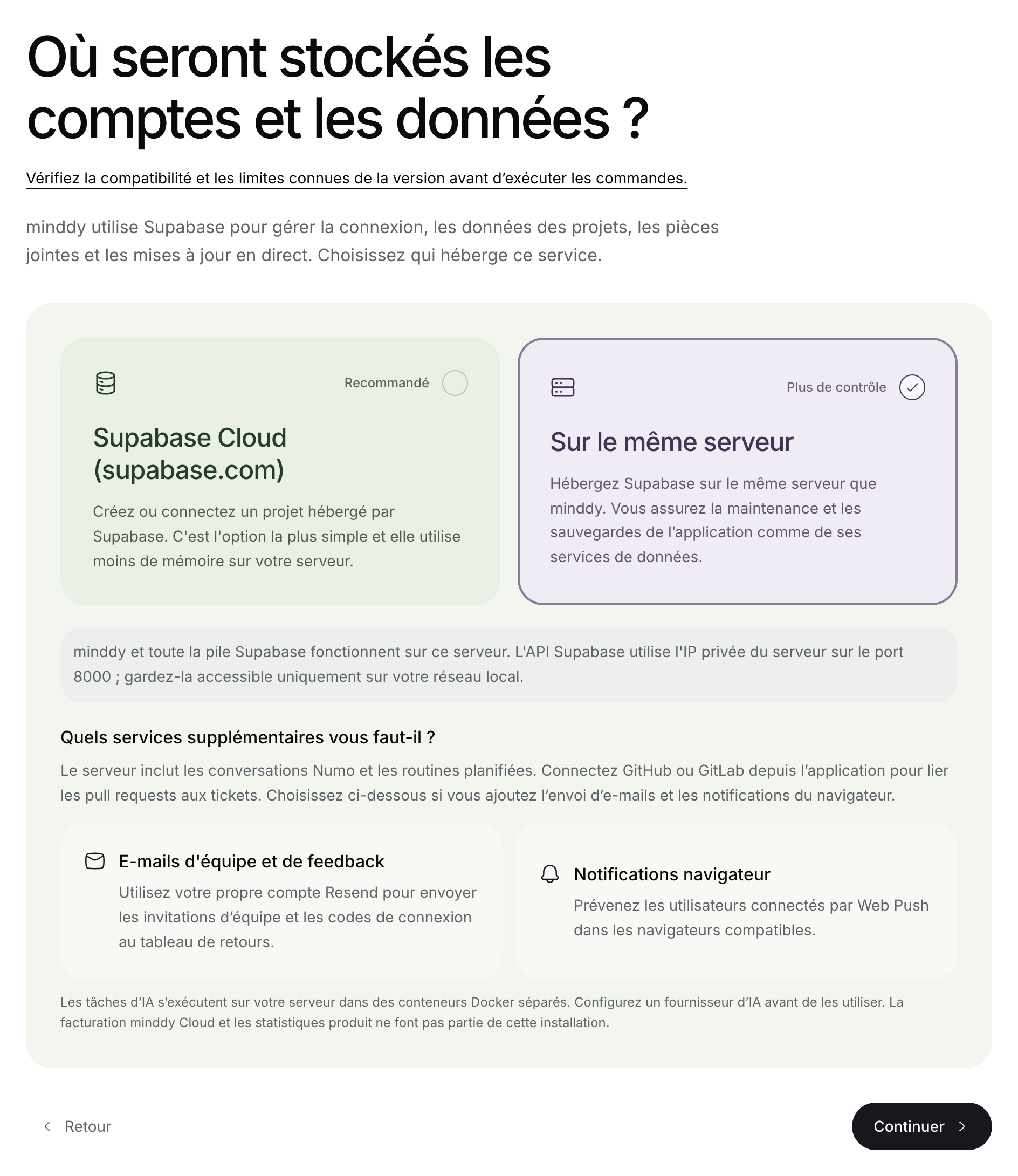 Assistant public d’installation avec Supabase sur le même serveur sélectionné.
