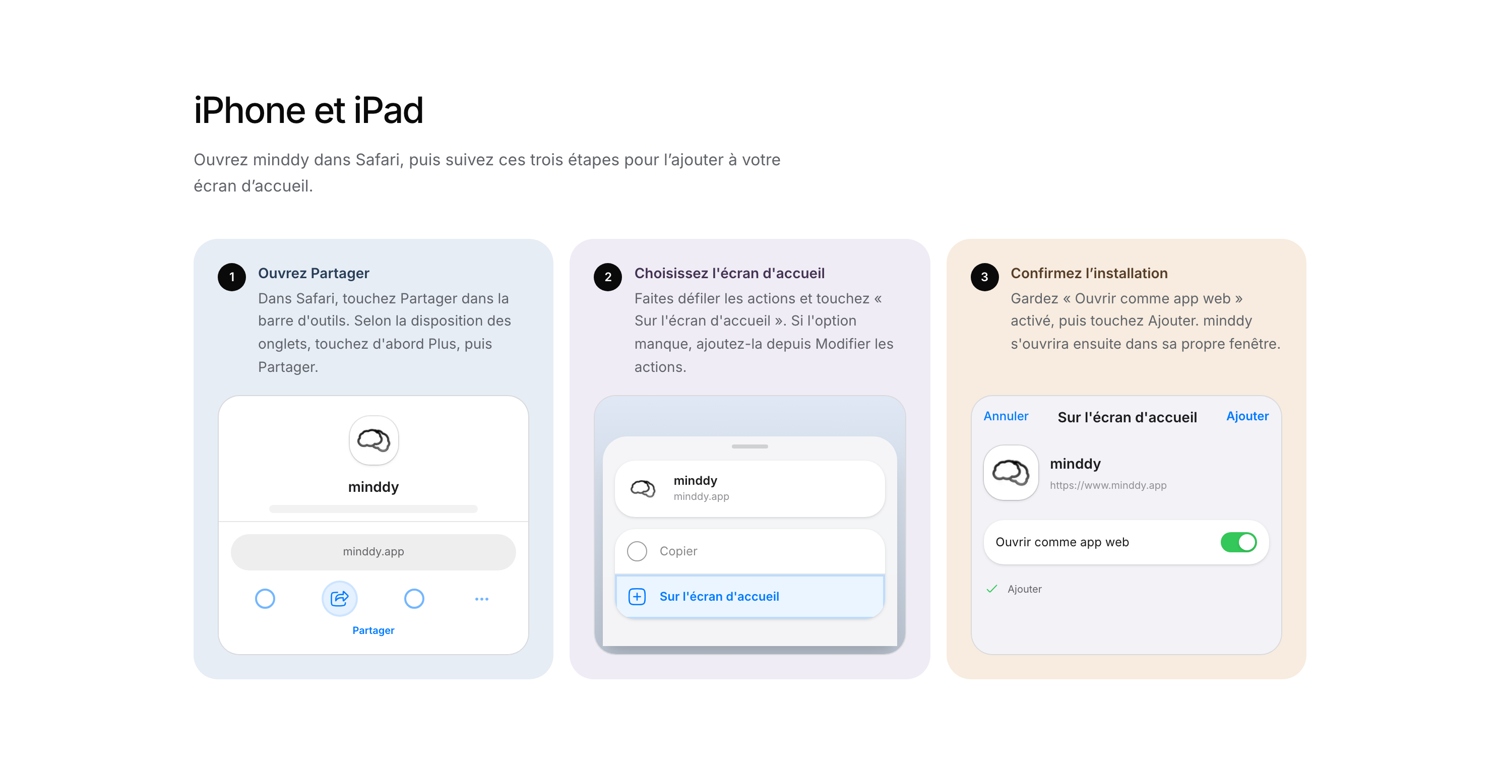 Guide Safari illustré de minddy : Partager, Sur l’écran d’accueil puis confirmer.