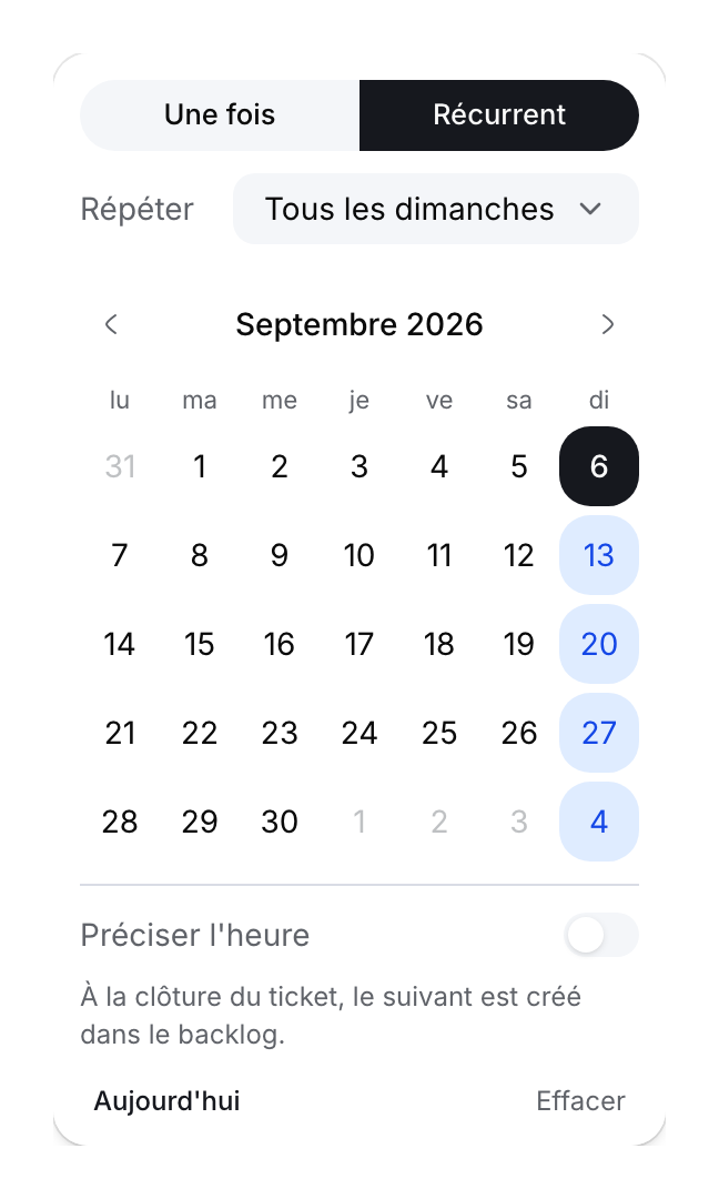 Sélecteur d’échéance en mode récurrent avec aperçu hebdomadaire le dimanche et heure optionnelle.