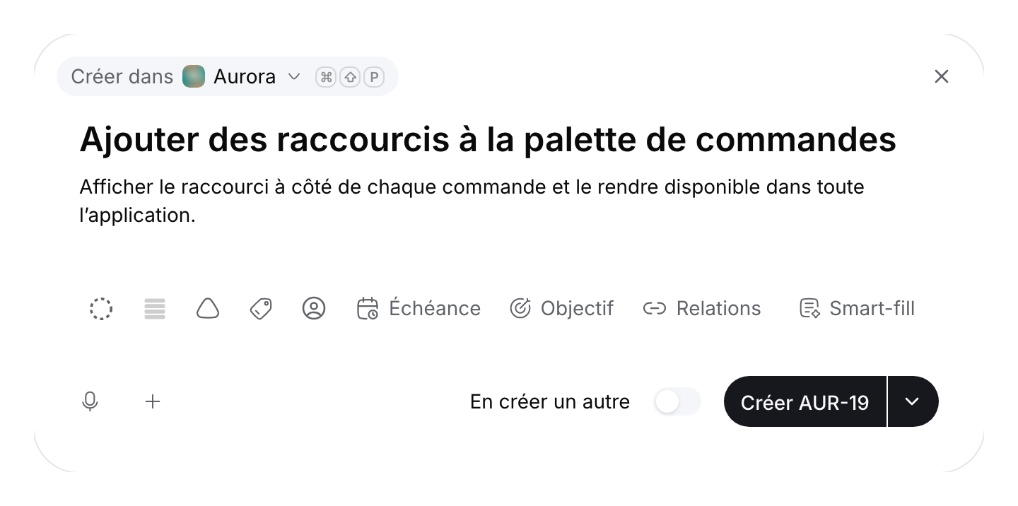 Brouillon de ticket non envoyé dans le projet Aurora, avec titre, description, propriétés manuelles et le bouton Créer AUR-19.