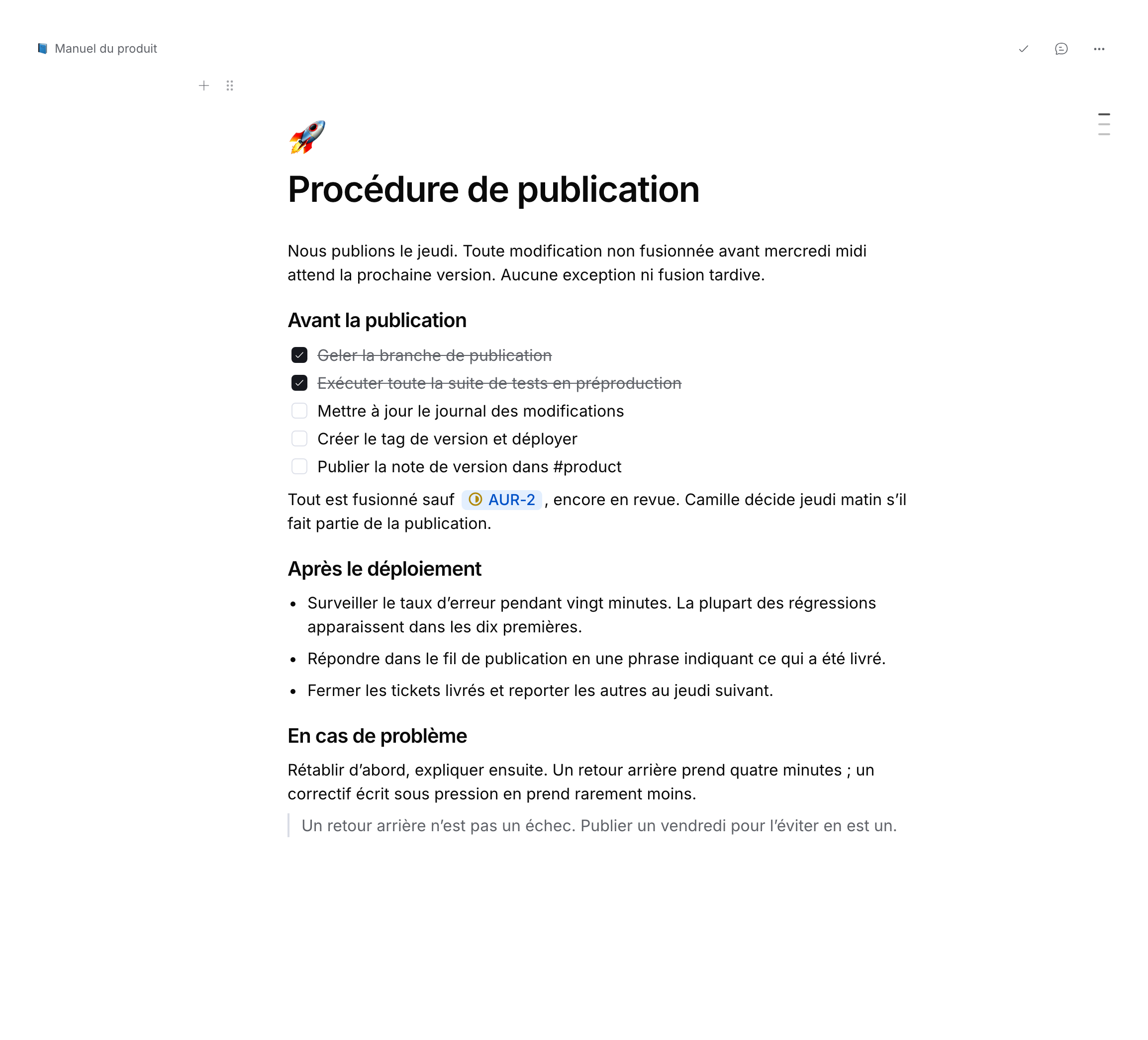 Page de démonstration avec titres, paragraphes, cases de tâches et mention d’un ticket.