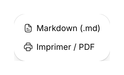 Menu d’export du document avec Markdown (.md) et Imprimer / PDF.