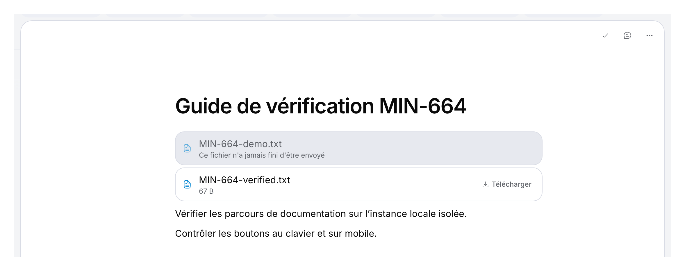Page de démonstration avec un envoi inachevé et un fichier enregistré de 67 octets proposant Télécharger.