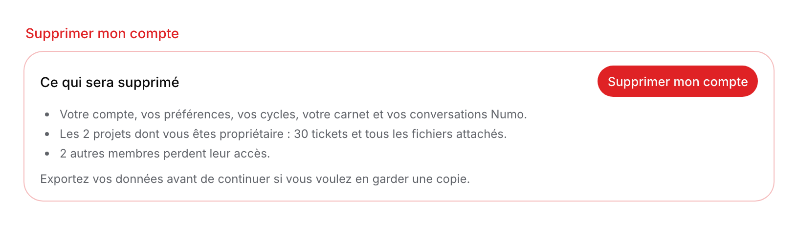 Aperçu de suppression listant les projets possédés, les tickets et les membres privés d’accès.