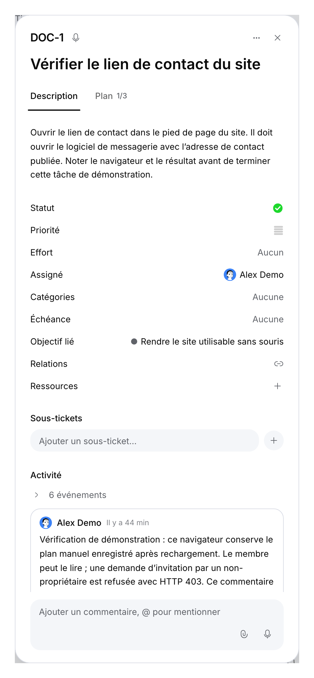 Ticket de démonstration terminé, avec description et commentaire enregistré.