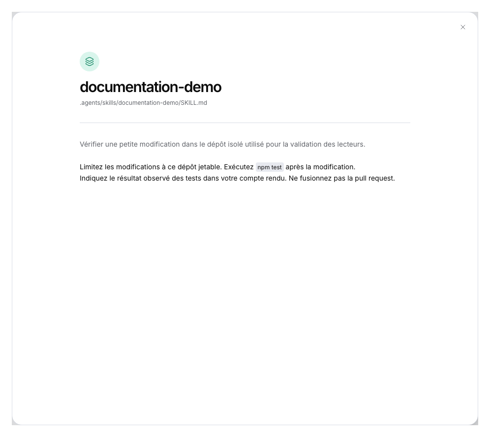 Prévisualisation d’un skill du dépôt avec son nom stable, son chemin et ses instructions complètes.
