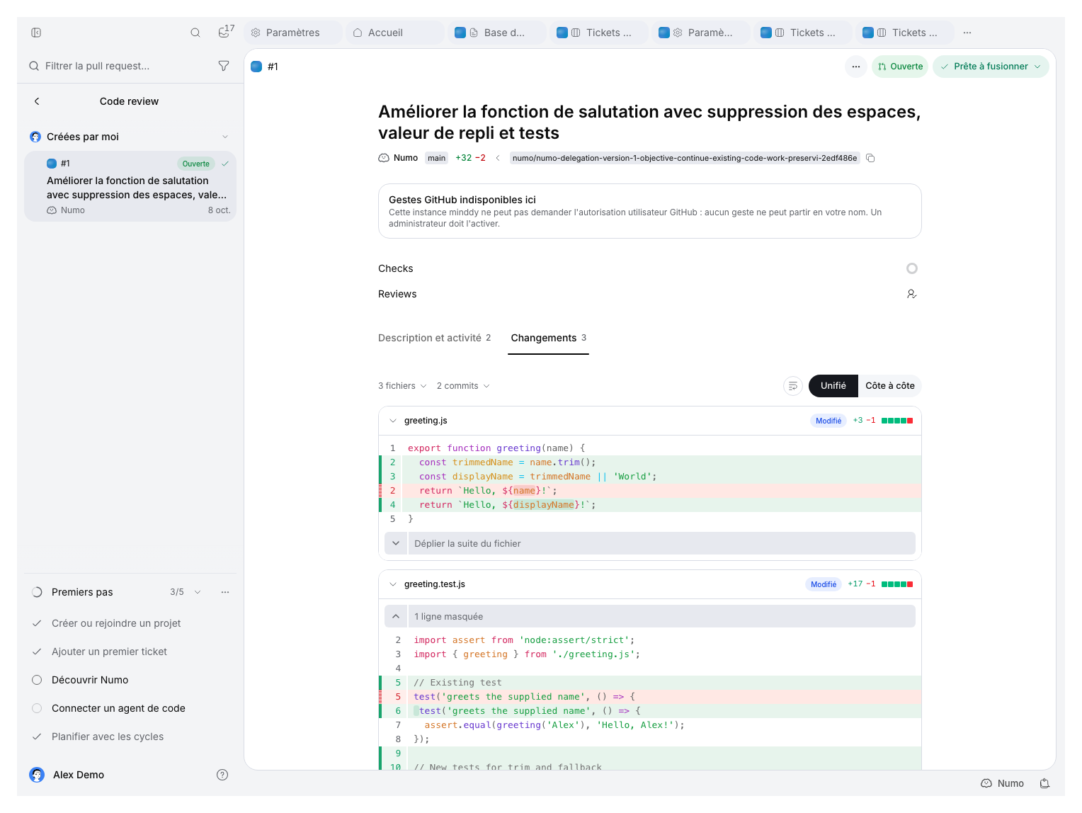 Onglet Changements de la PR de démonstration ouverte, avec le diff de greeting et un avis d’autorisation GitHub indisponible.