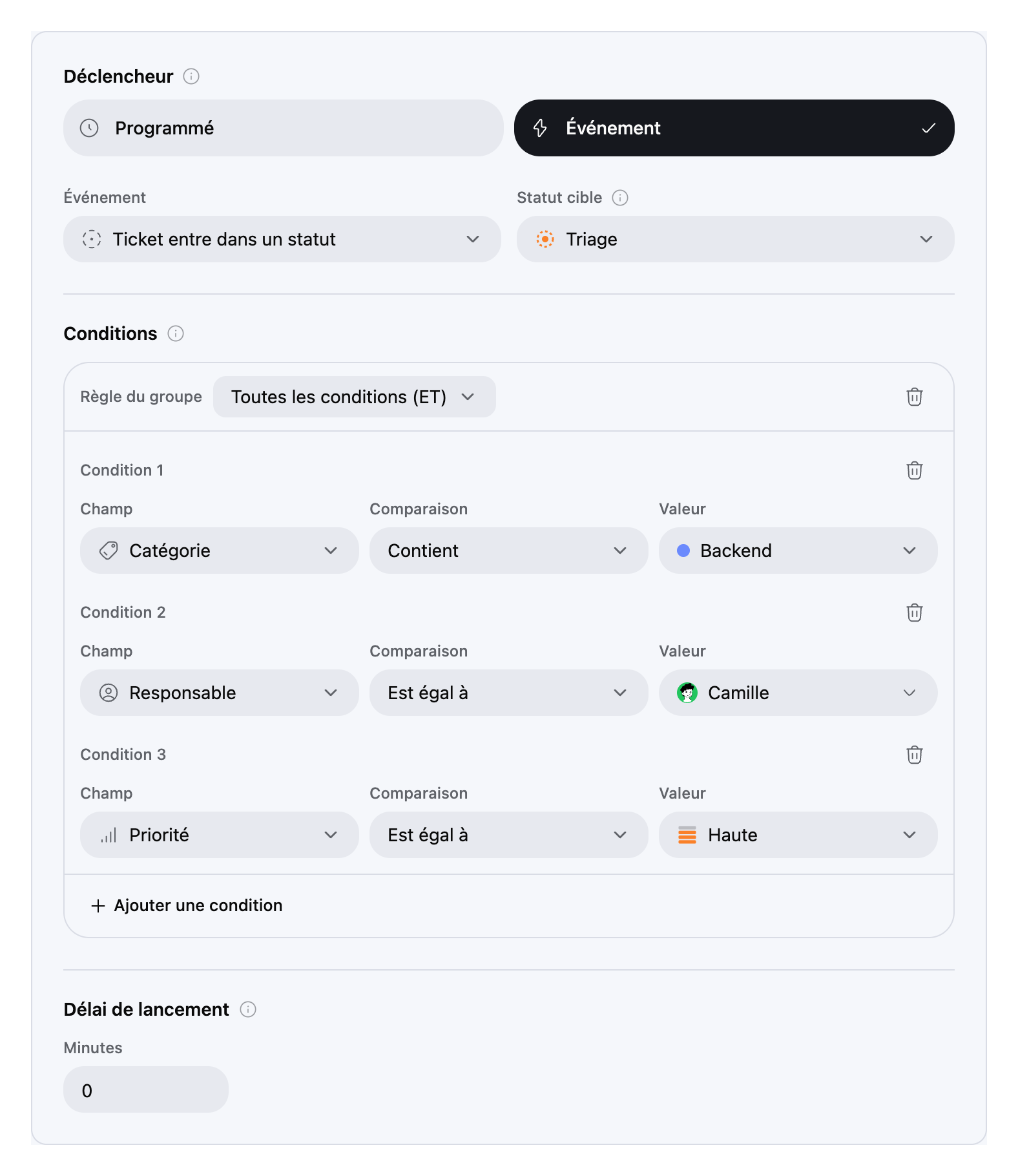 Modes « Programmé » et « Événement », un seul groupe de conditions, icônes de l’application et boutons d’information discrets.