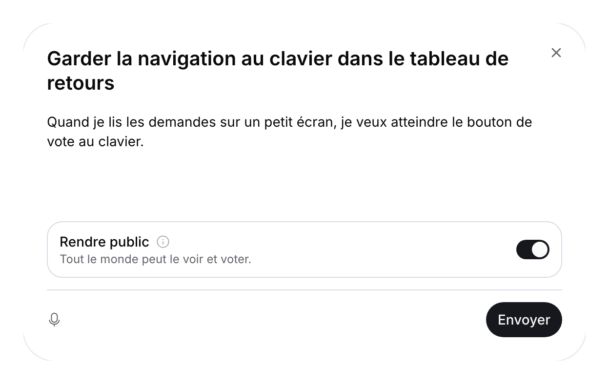 Formulaire visiteur avec titre, description et visibilité publique activée.
