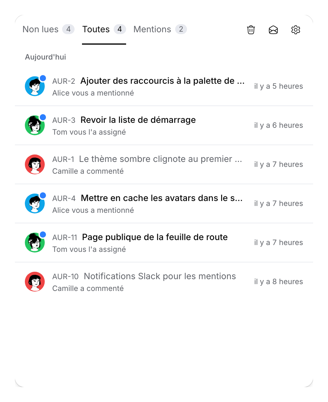 Boîte de réception avec des mentions, attributions et commentaires de démonstration, lus et non lus.