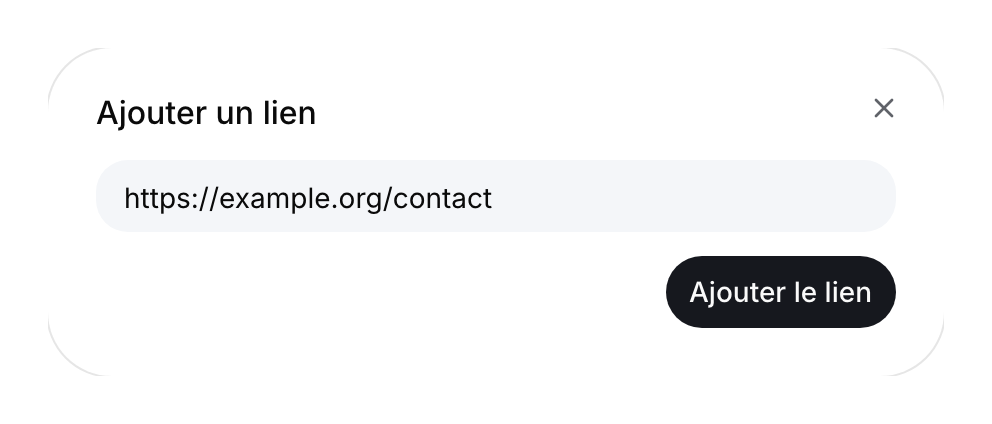 Dialogue d’ajout de lien avec une adresse de contact d’exemple.